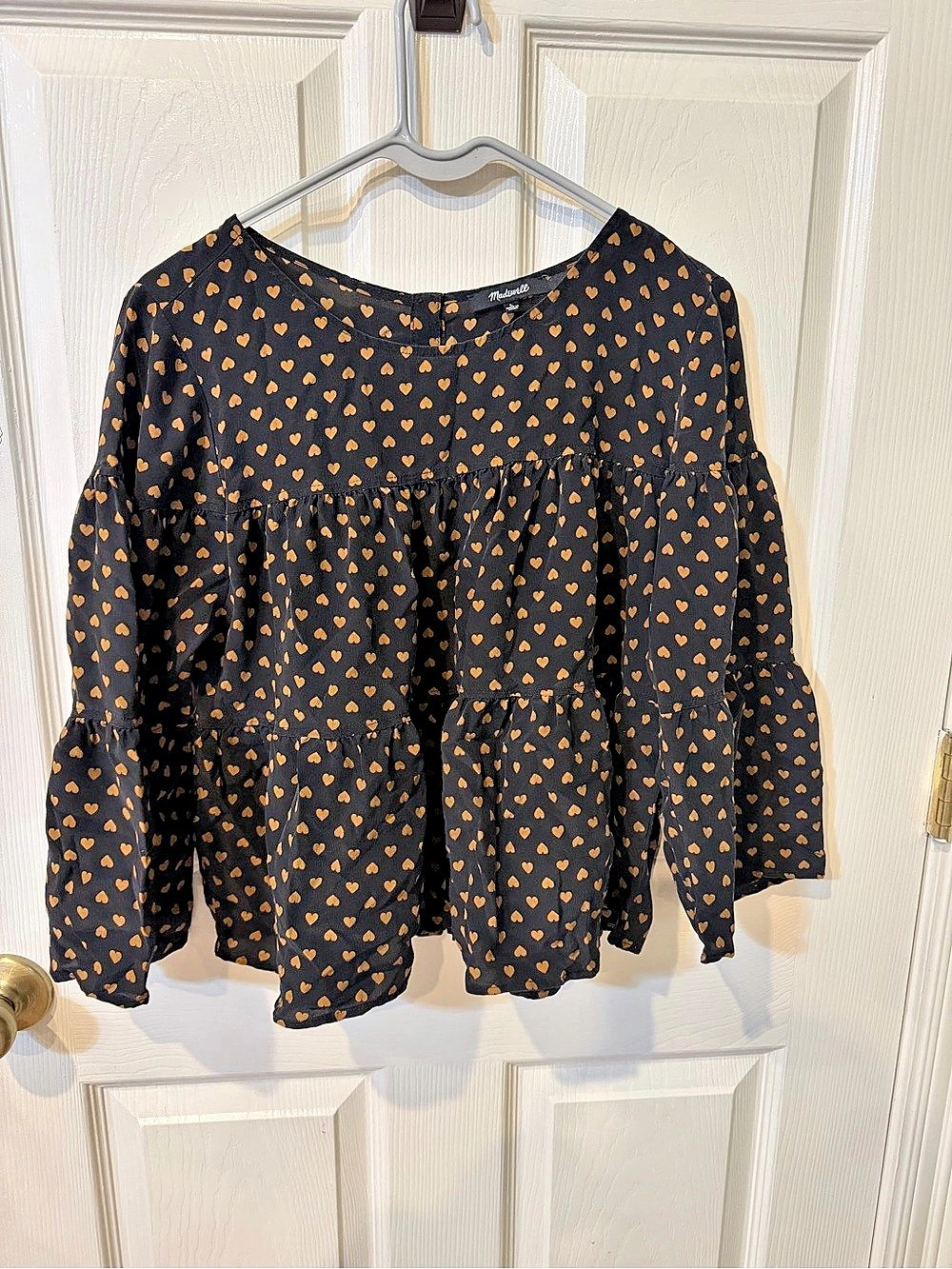Madewell 100% Silk Tiered Button-Back Top in Heart Flip Heart Print Silk Blouse